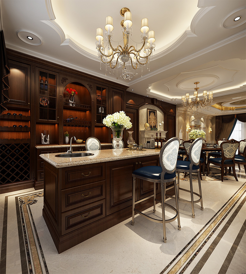 裝修案例經典美式風格別墅裝修效果圖-餐廳吧臺