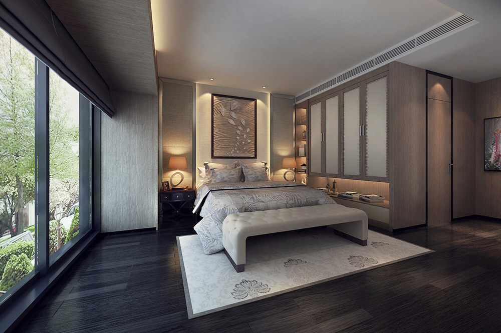 黑白灰現代簡約風格別墅裝修效果圖-名都畔山美墅別墅450平米-別墅臥室