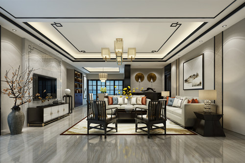 海口市濱江世紀佳城北區(qū)新中式風格三居室裝修案例